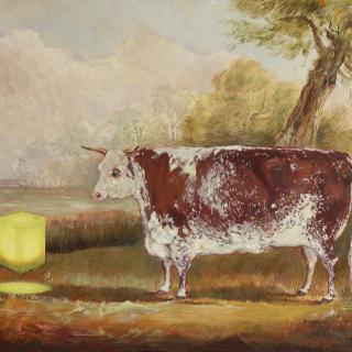 19th century bull in landscape with glowing yellow cube intervention. Oil painting