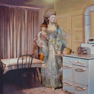 A Gainsborough woman and children in a painted photograph of a 1950's kitchen