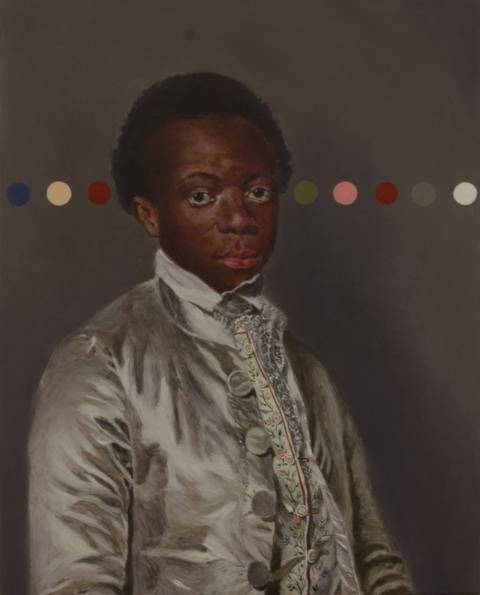 18th Century portrait painting of a black boy with coloured dot intervention