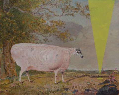 19th century sheep in a landscape with yellow contemporary intervention. Oil painting